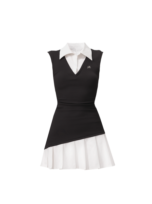 Faux Two Piece Pleated Shirt Vest Dress