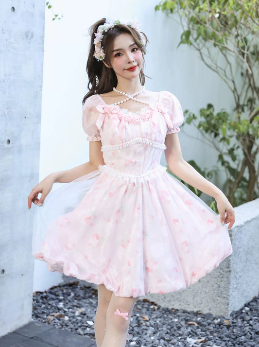 Romantic Monet Garden Princess Three-dimensional Camellia Bow Pearl Lace Puff Sleeve Slim Dress