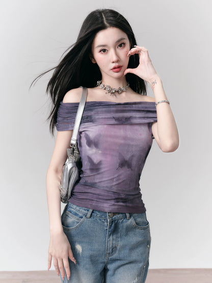 Dark-colored butterfly off-the-shoulder top