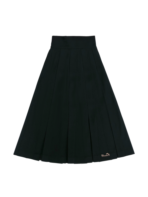 カレッジアプリコットトレンチコート＋メタルバッジ＋ブラックエンブロイダリーリボンシャツ＋プリーツスカート