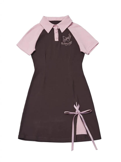Charcoal Tuan Xiaofudie. sweet and spicy American college style butterfly embroidery polo collar color matching dress with waist slimming