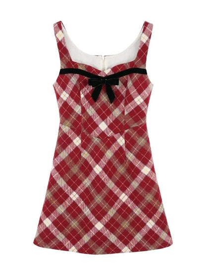 Retro French Red Check Suspender Dress + Ruffle Sleeve Blouse