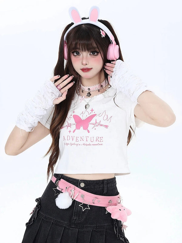 バタフライドリームバックリボンスリムショートTシャツ