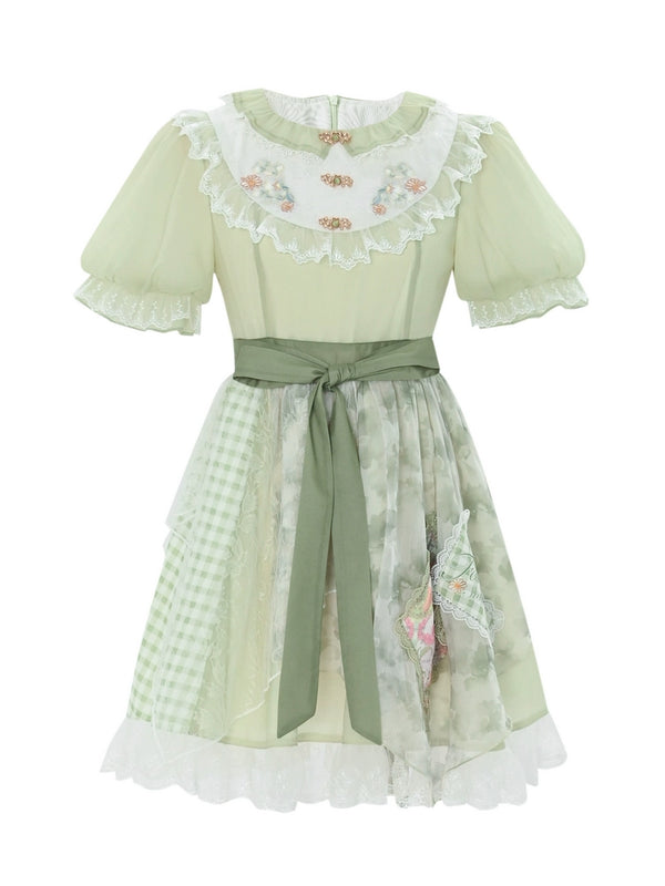 Mint Floral Splicing Lace Doll Dress