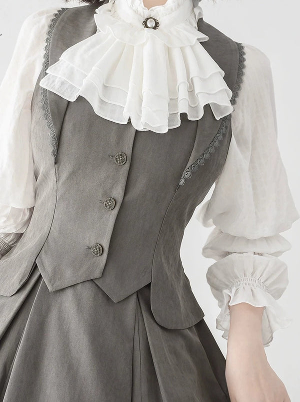 Classical retro blouse + colored vest + flared long skirt