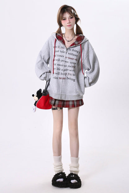 Plaid Stitch Letter Print Hoodie Jacket