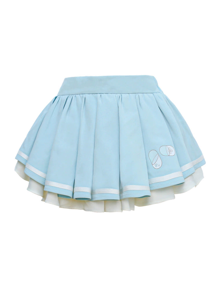 Sweet Blue Puff Sleeve Tops+Medical Pleat Skirt