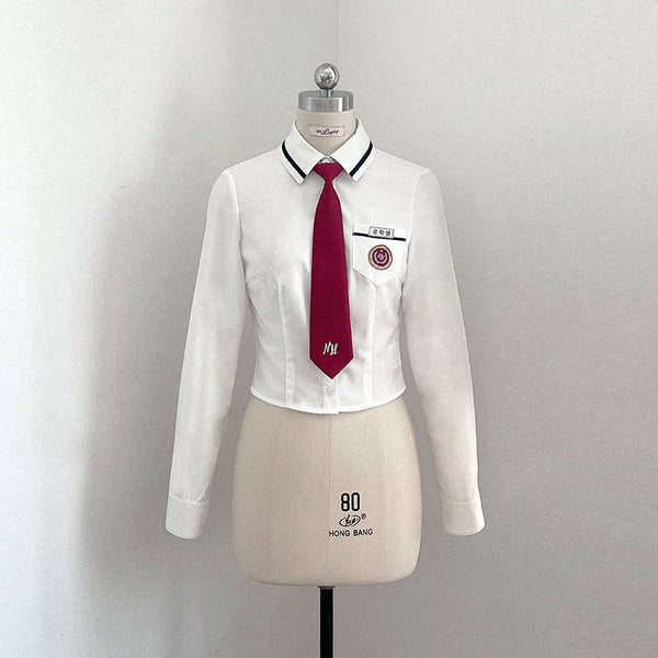College Badge JK Blazer + White Shirt + Gray Hip Skirt