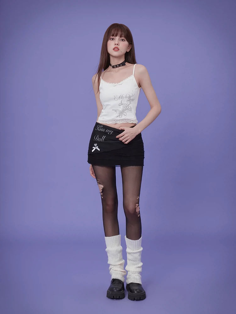 SagiDolls Girl's Fighting Spirit Shows Off Long Legs!Black Design Layered Mesh Print Hakama Shorts Skirt