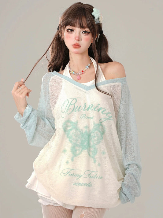 Sheer butterfly V-neck long T + halter-neck camisole