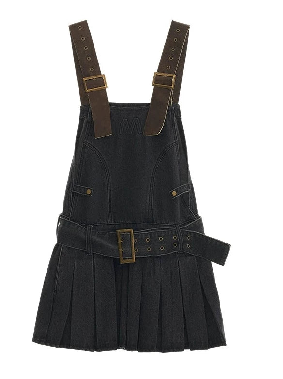 Leather Belted Logo Denim Pleated Suspender Skirt