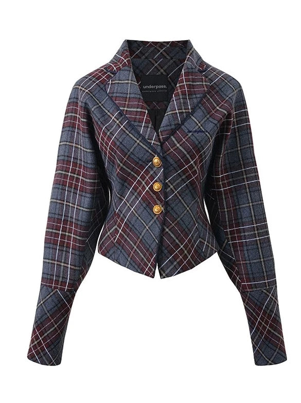 Retro check waist slim jacket + double pocket mini skirt [Reservation product]
