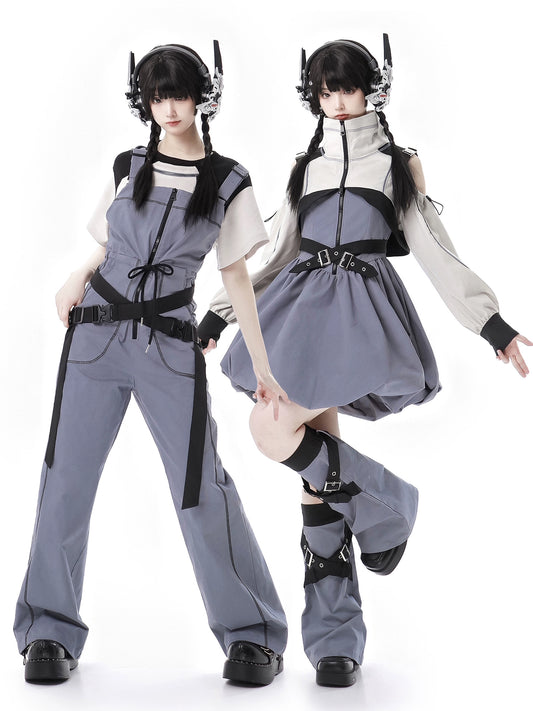 Virtual Function Blue White Short Dress Jumpsuit