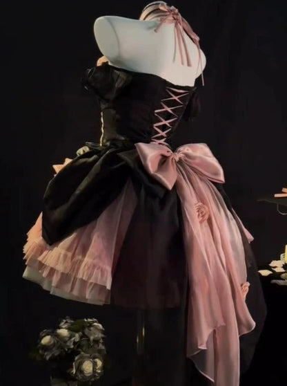 黑色粉色玫瑰色洛丽塔礼服花朵婚纱 洛丽塔甜辣鱼骨蓬松公主裙奔跑吧