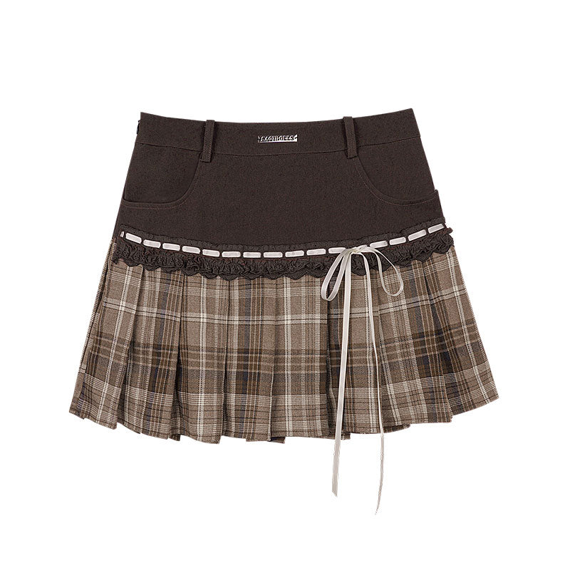 Brown Check Ribbon Pleated Skirt