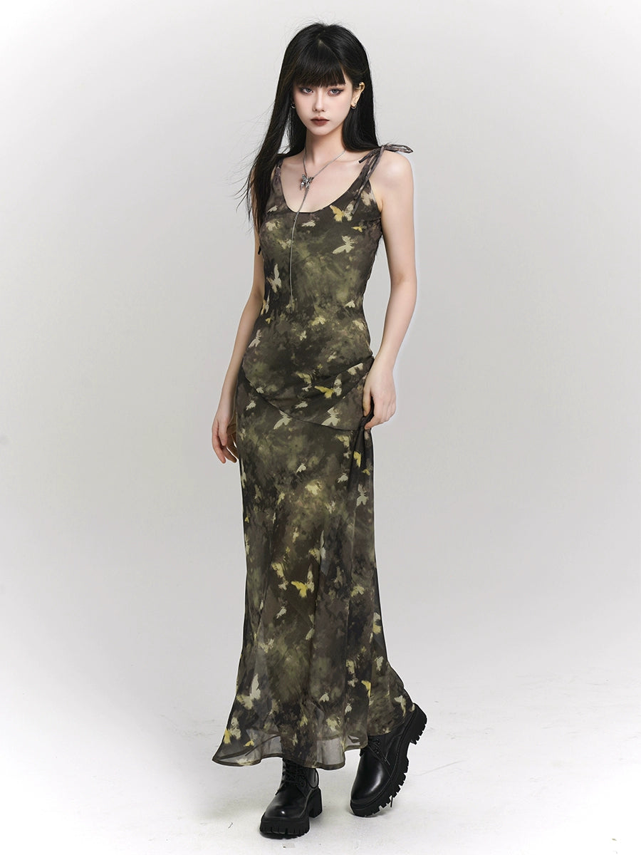 Ghost Girl's original new Chinese women's clothing Chinese style green butterfly slip dress for women with a cold sense of wear