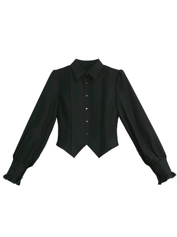 Retro Elegant Suit Black Ruffle Sleeve Shirt + Check Ruffle Shoulder Layered Dress + Ribbon Accessories [Reserved Item].