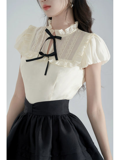 Ribbon neck sleeveless top + flared skirt