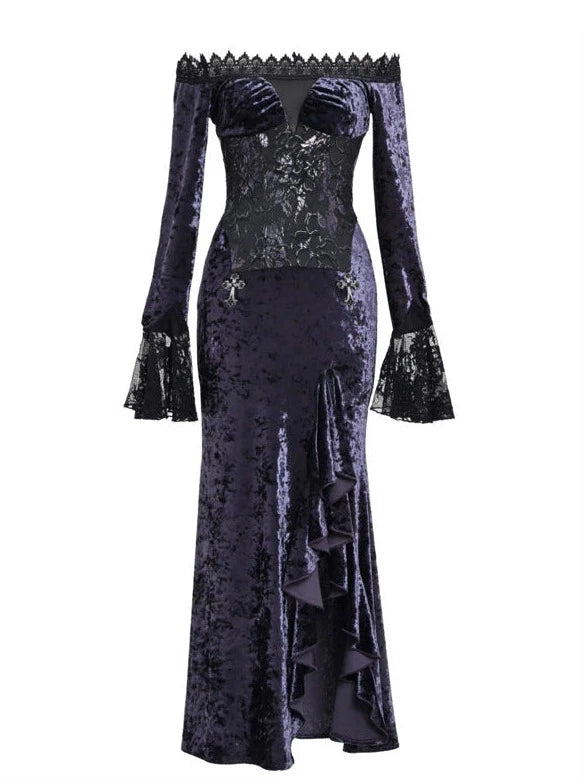 Luna Gothic Velvet One-Shoulder Slim Mermaid Slit Dress