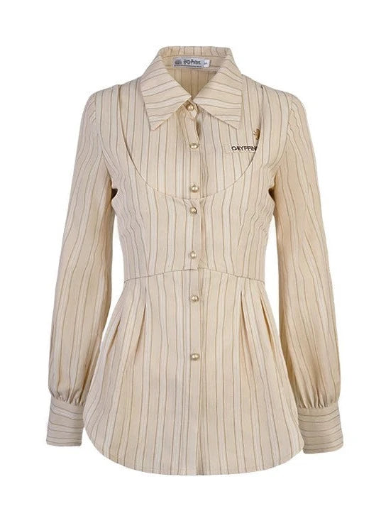 Polo collar faux two-piece striped shirt [Reserved product].