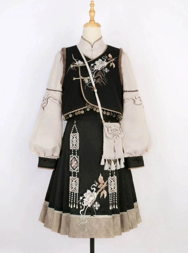 Exotic flower vest + flared skirt + balloon sleeve blouse plus + shoulder bag