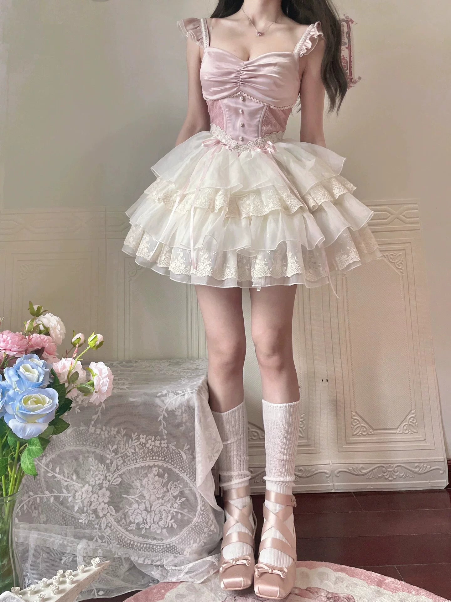 粉色古董芭蕾舞风格洛丽塔连衣裙 JSK 连衣裙花朵婚礼洛丽塔华丽蓬蓬公主裙
