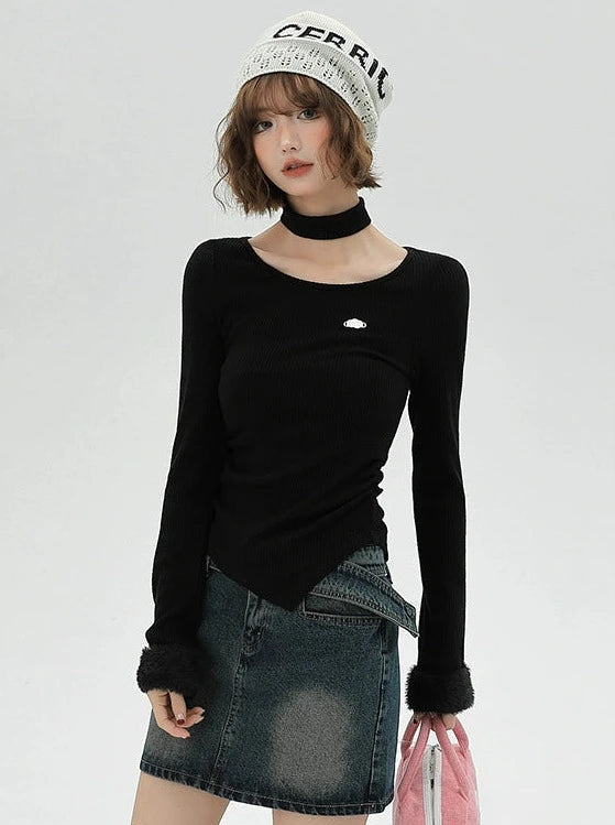 Fur Sleeve Mode Slim Long T + Neck Collar