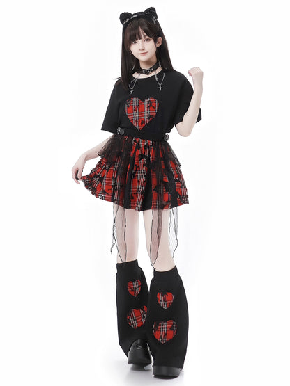 Check Heart Top + Lace Check Skirt + Leg Warmers
