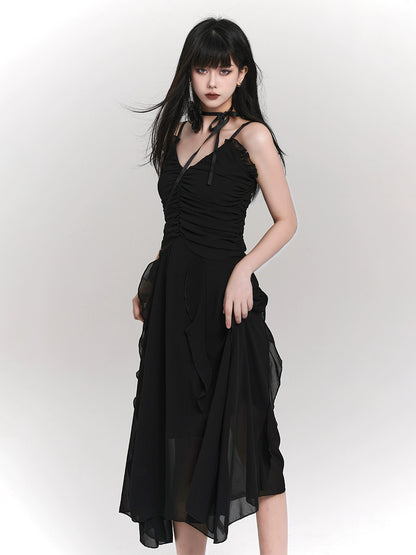 Ghost Girl Black French Slip Dress 2024 New Women's Summer Temperament Waist Sweet and Spicy Skirt