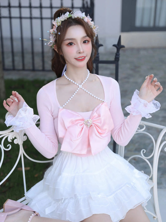 Princess bow heart, sparkle diamonds, pearl cross, halterneck lace, lace, bell sleeves, crop top