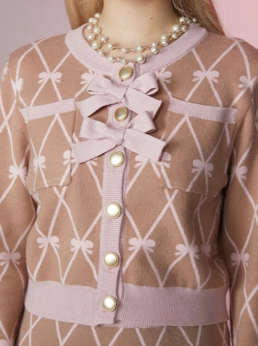 ニットリボンカーディガントップ＋スカートガーリースーツ