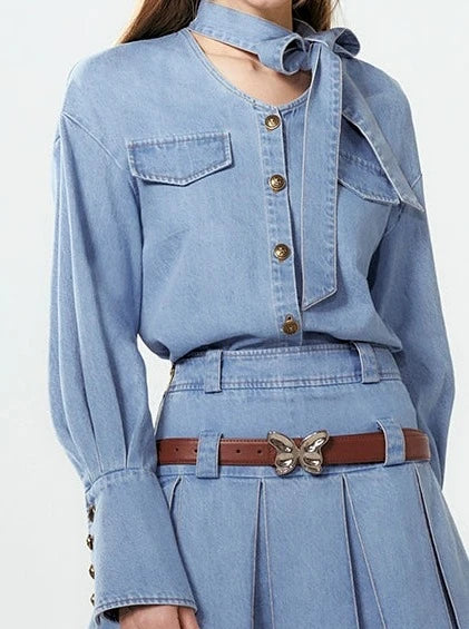 Ribbon neck denim shirt + pleated skirt