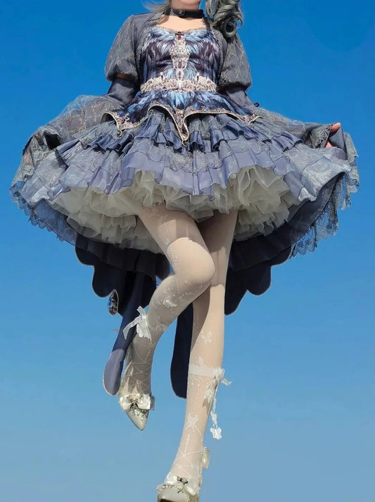 Grey Swan Lolita Can-Shoulder Dress Set JSK Dress Flower Wedding Lolita Puffy Princess Dress