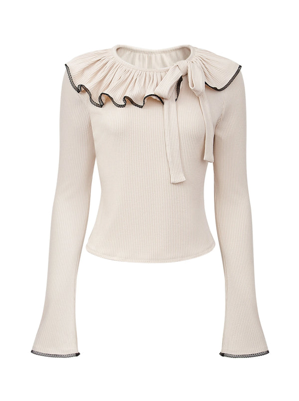 フリルリボンネックリブニットトップス