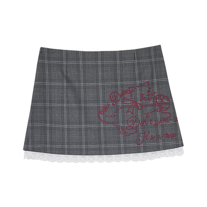 Gray Check Cat Print Low Waist Skirt