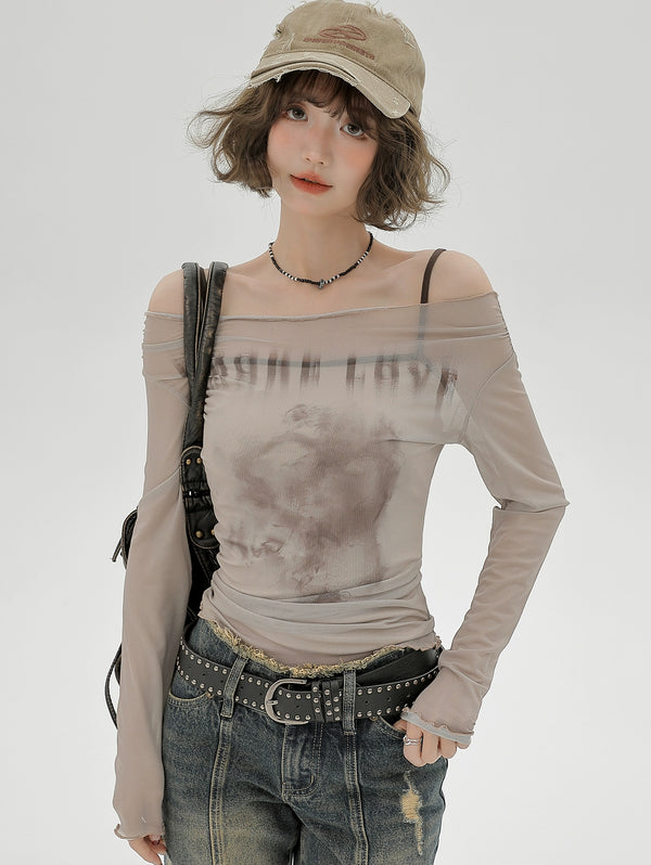 アメリカンメッシュシアーオフショルダーロンT＋キャミソールインナー