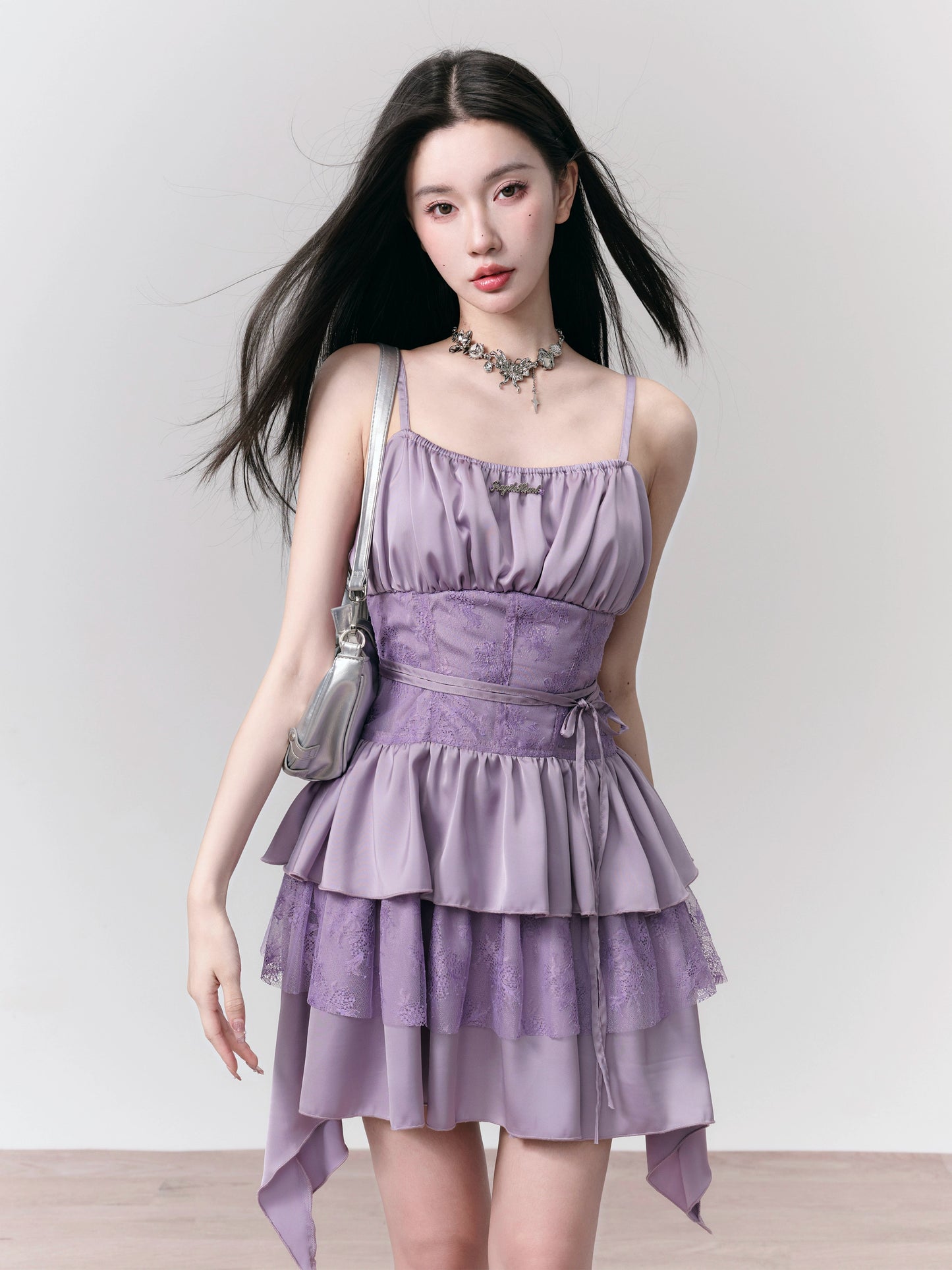 Purple Pleated Lace Camisole Dress