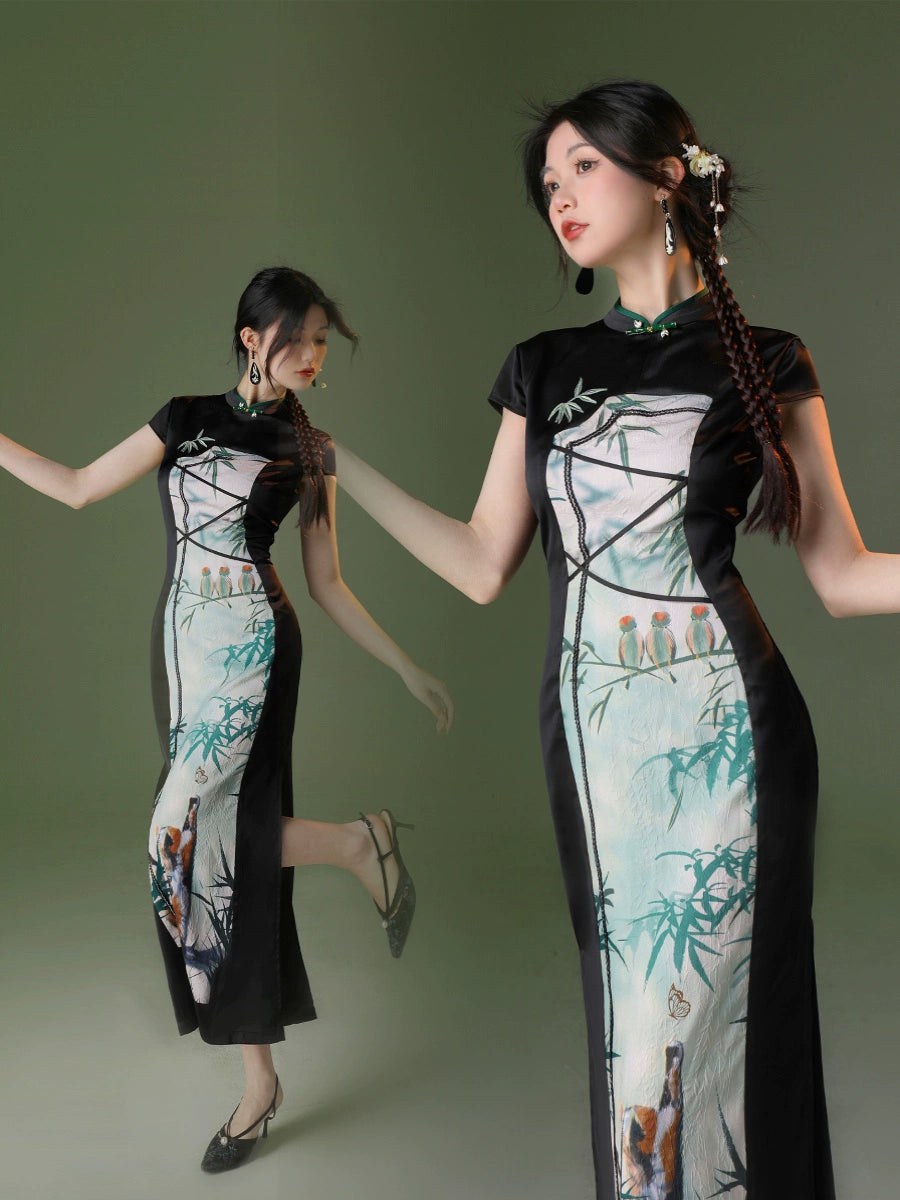 四斤自制竹猫蝴蝶原创民族风艺术构思假两件新中式纹理改良旗袍长裙