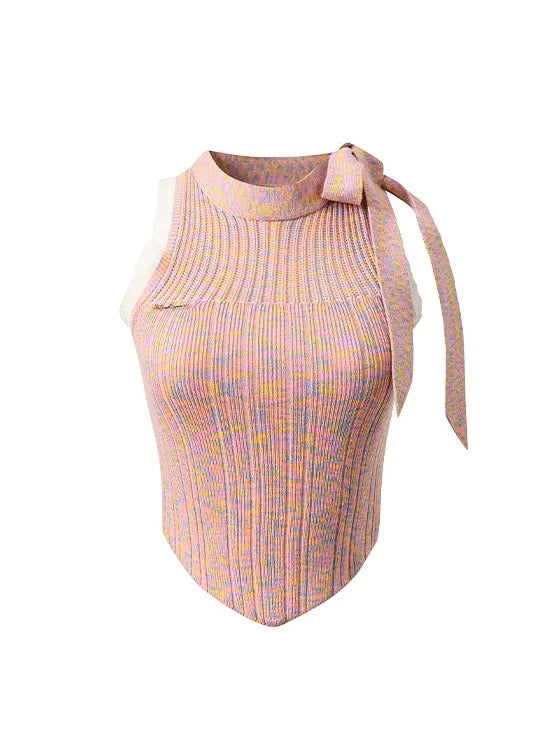 ネックリボンノースリーブウエストスリットトップス