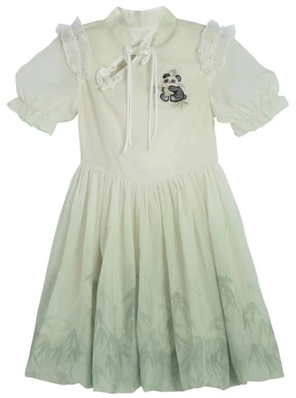 Kung Fu Panda Mint Puff Sleeve China Chiffon Shirt-Skirt Set + Dress