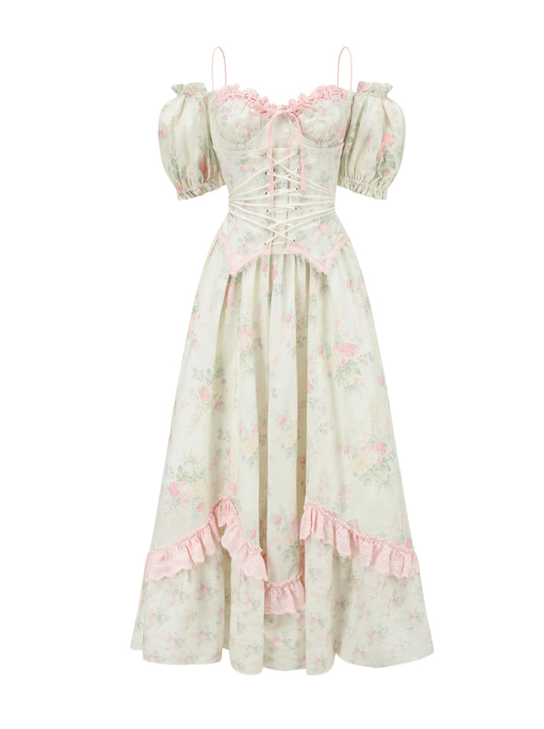 Retro Flower Faux Faux Two Piece Fishbone Dress