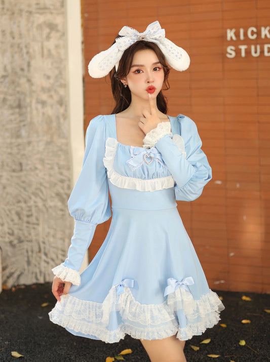 Alice in Wonderland princess bow love lace wavy fungus lace puff sleeve slim dress