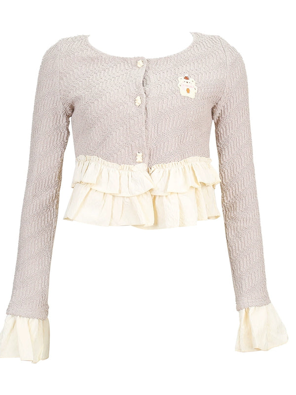 Caramel flill cardigan + frill neck camisole + pump kinpants