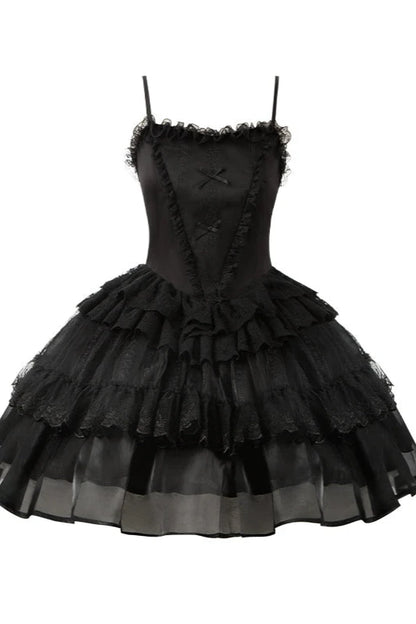 Dark Black Lolita Dress + Inner + Suspender Dress + Veil + Hairband + Belt + Sleeves