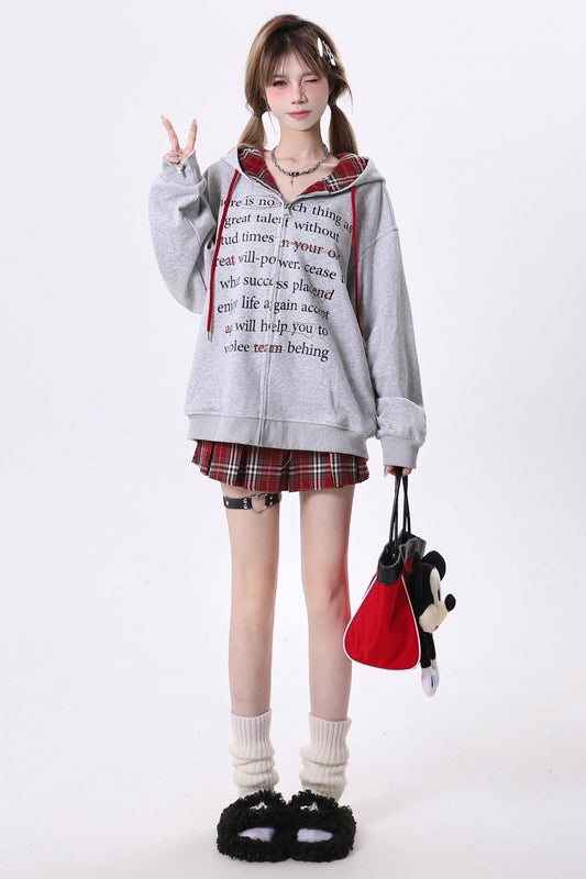 Plaid Stitch Letter Print Hoodie Jacket