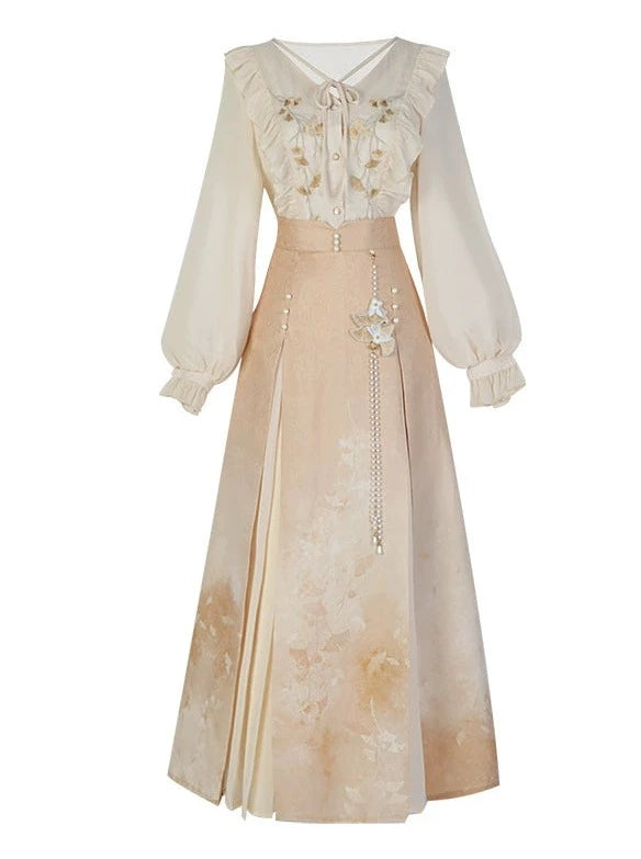 China Lace Frilled Blouse + Pleated Slit Long Skirt