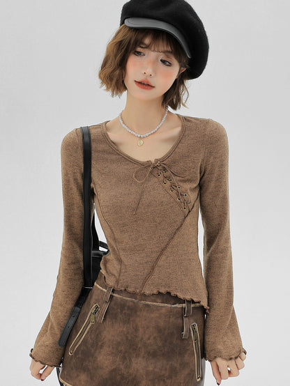 Lace-up Ruffle Small Flared Sleeve Long T