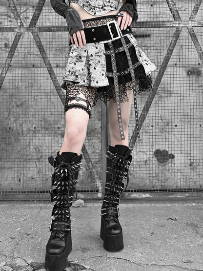 Liquid Invasion Punk PU Fishnet Pleated Goth Miniskirt Culottes