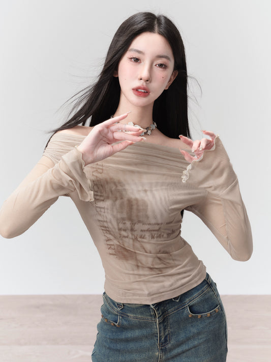 [Spot] Fragile store, withered rose, new sweet and spicy one-shoulder top, slim long-sleeved T-shirt