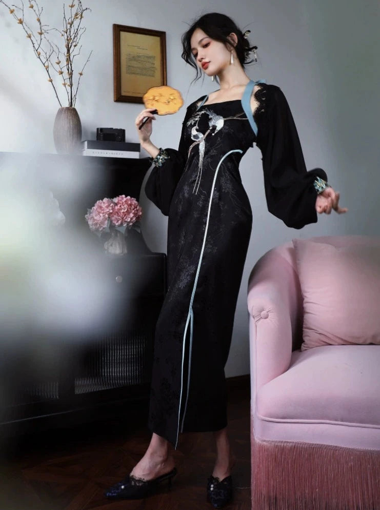 수제 롄리 지점 서스펜더 오리지널 고화 자수 얇은 여름에 네 개의 고양이가 홀터넥 민소매 검은색 드레스를 입을 수 있다.